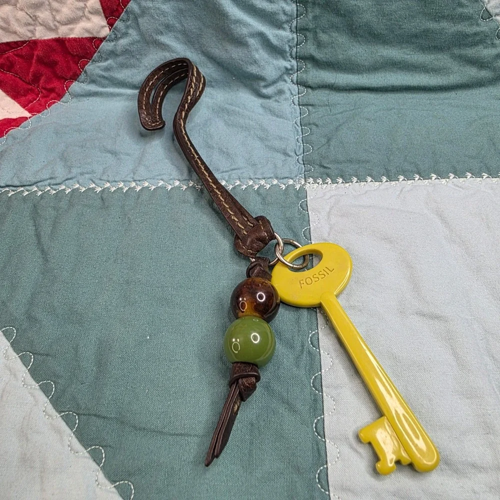Fossil Yellow Skeleton Key Bag Charm Leather Strap Beaded Fob